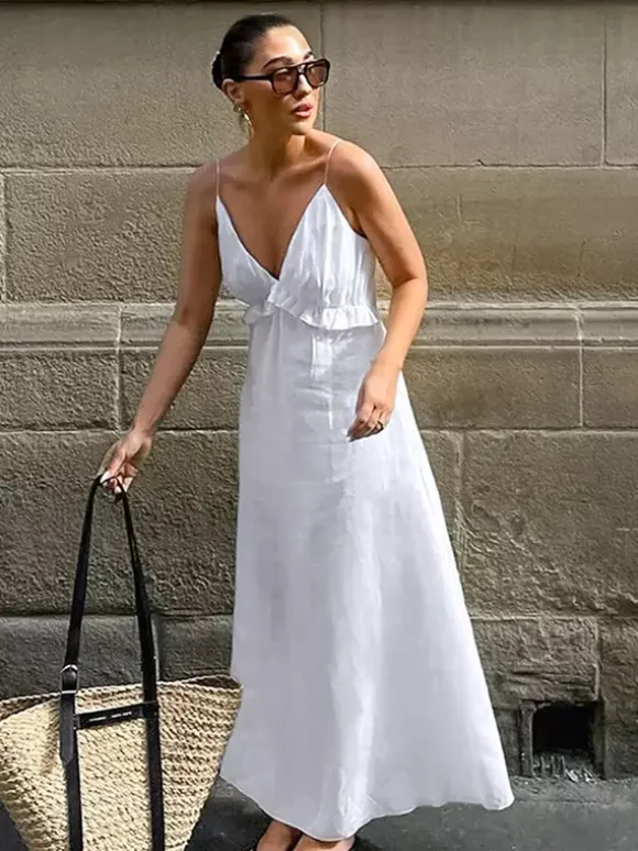 White 100% Cotton Women's Maxi Dress - Spaghetti Strap Ruched Bust Sundress - Sexy V-neck Ruffle Trim Beach Vacation Long Dress 2026