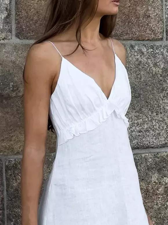 White 100% Cotton Women's Maxi Dress - Spaghetti Strap Ruched Bust Sundress - Sexy V-neck Ruffle Trim Beach Vacation Long Dress 2026