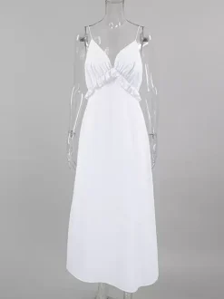 White 100% Cotton Women's Maxi Dress - Spaghetti Strap Ruched Bust Sundress - Sexy V-neck Ruffle Trim Beach Vacation Long Dress 2026