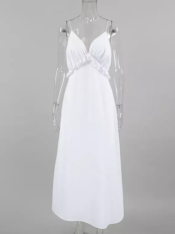 White 100% Cotton Women's Maxi Dress - Spaghetti Strap Ruched Bust Sundress - Sexy V-neck Ruffle Trim Beach Vacation Long Dress 2026