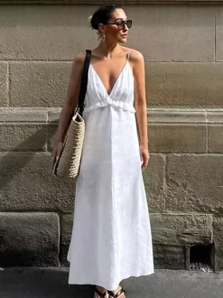 White 100% Cotton Women's Maxi Dress - Spaghetti Strap Ruched Bust Sundress - Sexy V-neck Ruffle Trim Beach Vacation Long Dress 2026