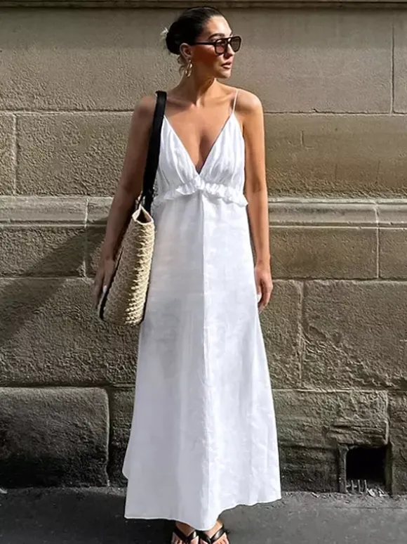 White 100% Cotton Women's Maxi Dress - Spaghetti Strap Ruched Bust Sundress - Sexy V-neck Ruffle Trim Beach Vacation Long Dress 2026