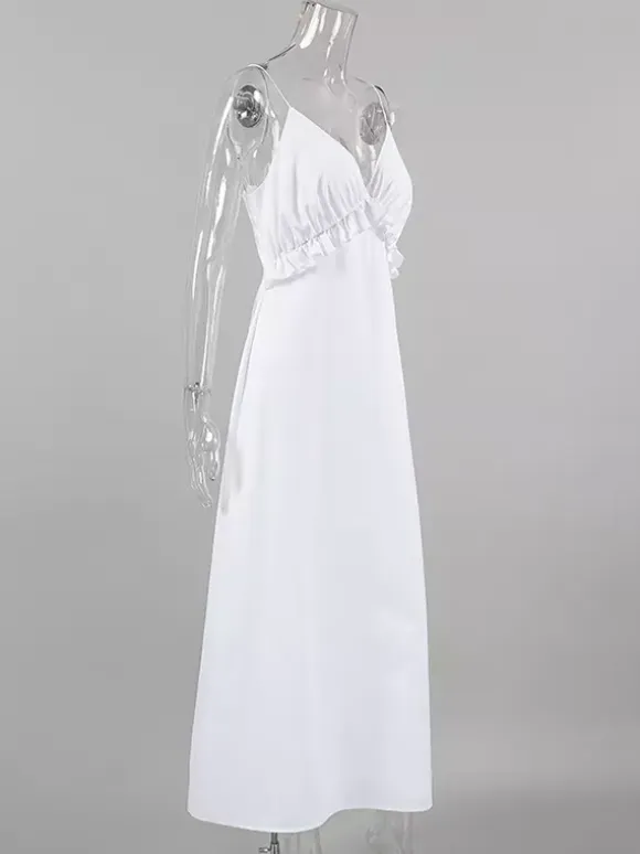 White 100% Cotton Women's Maxi Dress - Spaghetti Strap Ruched Bust Sundress - Sexy V-neck Ruffle Trim Beach Vacation Long Dress 2026
