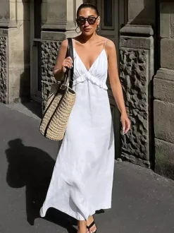 White 100% Cotton Women's Maxi Dress - Spaghetti Strap Ruched Bust Sundress - Sexy V-neck Ruffle Trim Beach Vacation Long Dress 2026