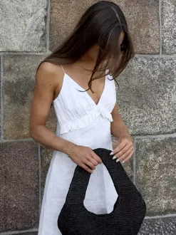 White 100% Cotton Women's Maxi Dress - Spaghetti Strap Ruched Bust Sundress - Sexy V-neck Ruffle Trim Beach Vacation Long Dress 2026