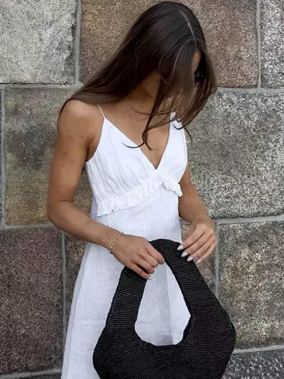 White 100% Cotton Women's Maxi Dress - Spaghetti Strap Ruched Bust Sundress - Sexy V-neck Ruffle Trim Beach Vacation Long Dress 2026