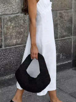 White 100% Cotton Women's Maxi Dress - Spaghetti Strap Ruched Bust Sundress - Sexy V-neck Ruffle Trim Beach Vacation Long Dress 2026