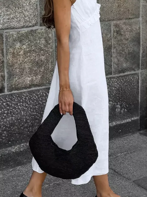 White 100% Cotton Women's Maxi Dress - Spaghetti Strap Ruched Bust Sundress - Sexy V-neck Ruffle Trim Beach Vacation Long Dress 2026