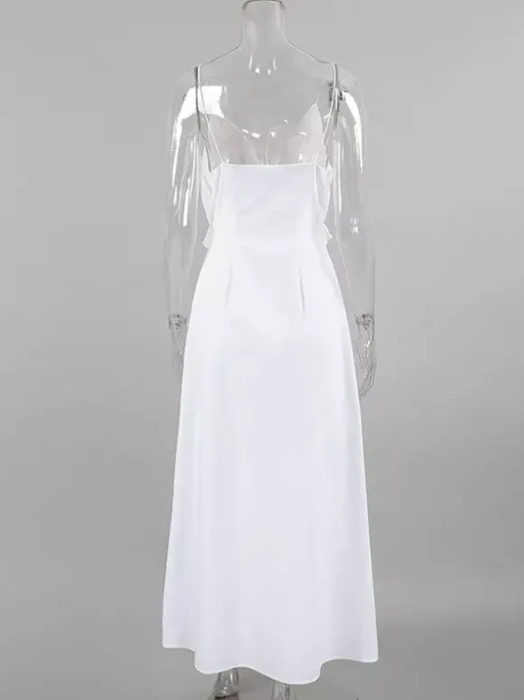 White 100% Cotton Women's Maxi Dress - Spaghetti Strap Ruched Bust Sundress - Sexy V-neck Ruffle Trim Beach Vacation Long Dress 2026