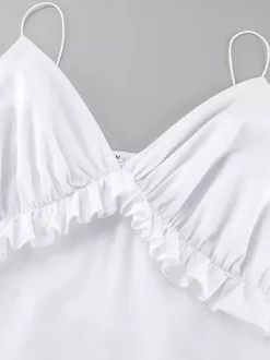 White 100% Cotton Women's Maxi Dress - Spaghetti Strap Ruched Bust Sundress - Sexy V-neck Ruffle Trim Beach Vacation Long Dress 2026