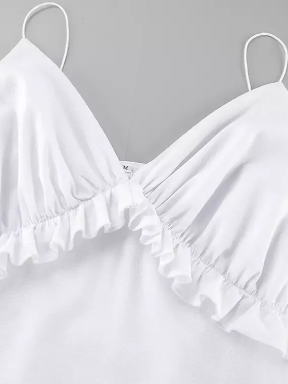White 100% Cotton Women's Maxi Dress - Spaghetti Strap Ruched Bust Sundress - Sexy V-neck Ruffle Trim Beach Vacation Long Dress 2026