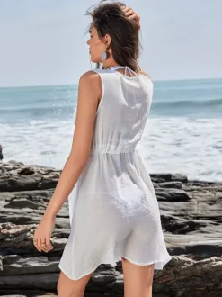 White Cover-up Dress With Adjustable Waistline For Summer Beach 2026