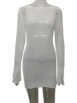 White Cover Ups Boatneck Low Back Long Sleeves Beach Swimming Suits