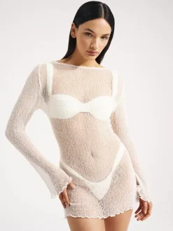 White Cover Ups Boatneck Low Back Long Sleeves Beach Swimming Suits