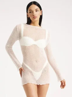 White Cover Ups Boatneck Low Back Long Sleeves Beach Swimming Suits