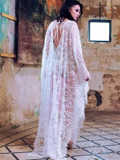 White Cover Ups Lace V-neck Bridal Nightgown Beach Vacation Bohemian Long Dress For Women
