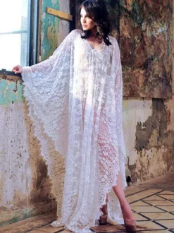 White Cover Ups Lace V-neck Bridal Nightgown Beach Vacation Bohemian Long Dress For Women