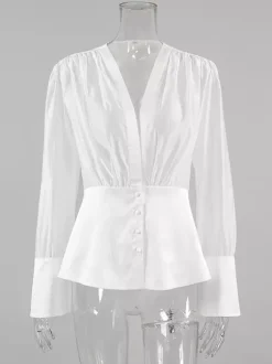 White Deep V Neck Women Blouse - Sexy Sheer Long Sleeve Top - French Style Night Out Spring Streetwear 2026