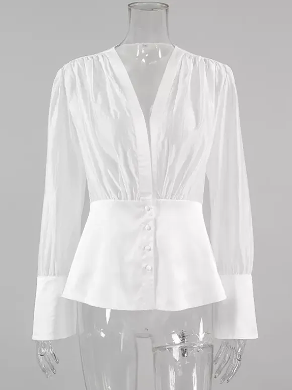 White Deep V Neck Women Blouse - Sexy Sheer Long Sleeve Top - French Style Night Out Spring Streetwear 2026