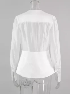 White Deep V Neck Women Blouse - Sexy Sheer Long Sleeve Top - French Style Night Out Spring Streetwear 2026