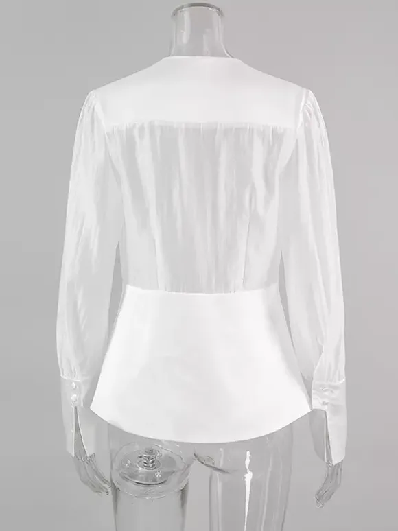 White Deep V Neck Women Blouse - Sexy Sheer Long Sleeve Top - French Style Night Out Spring Streetwear 2026