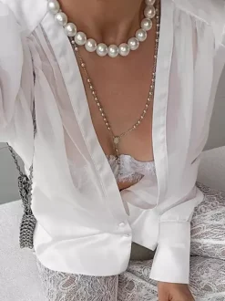 White Deep V Neck Women Blouse - Sexy Sheer Long Sleeve Top - French Style Night Out Spring Streetwear 2026