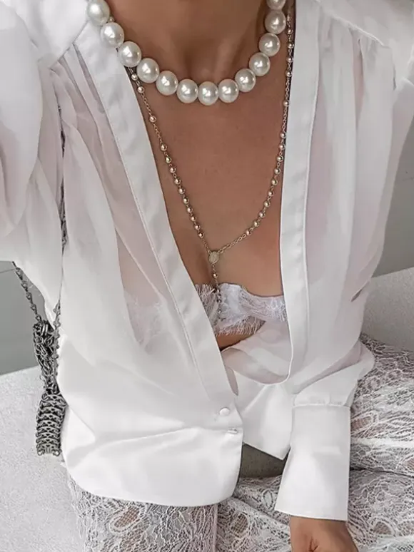 White Deep V Neck Women Blouse - Sexy Sheer Long Sleeve Top - French Style Night Out Spring Streetwear 2026
