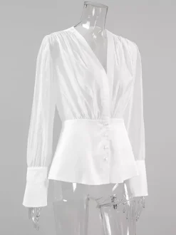 White Deep V Neck Women Blouse - Sexy Sheer Long Sleeve Top - French Style Night Out Spring Streetwear 2026