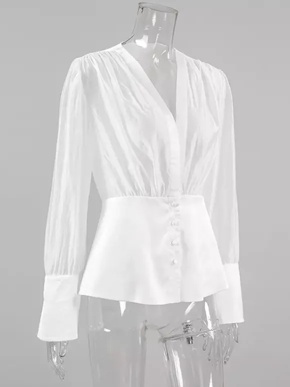 White Deep V Neck Women Blouse - Sexy Sheer Long Sleeve Top - French Style Night Out Spring Streetwear 2026
