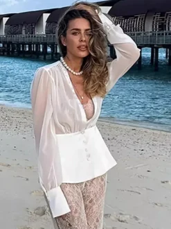 White Deep V Neck Women Blouse - Sexy Sheer Long Sleeve Top - French Style Night Out Spring Streetwear 2026