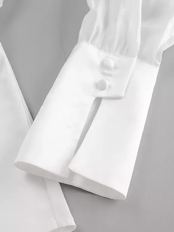 White Deep V Neck Women Blouse - Sexy Sheer Long Sleeve Top - French Style Night Out Spring Streetwear 2026