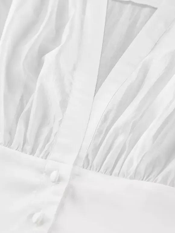 White Deep V Neck Women Blouse - Sexy Sheer Long Sleeve Top - French Style Night Out Spring Streetwear 2026