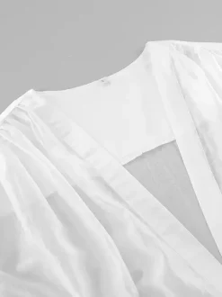 White Deep V Neck Women Blouse - Sexy Sheer Long Sleeve Top - French Style Night Out Spring Streetwear 2026