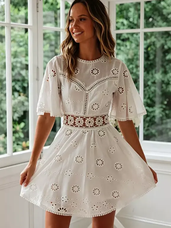 White Eyelet Backless Mini Dress For Women - Boho Flare Sleeve Fit And Flare Cotton Sundress - Summer Beach Vacation 2026