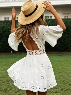 White Eyelet Backless Mini Dress For Women - Boho Flare Sleeve Fit And Flare Cotton Sundress - Summer Beach Vacation 2026