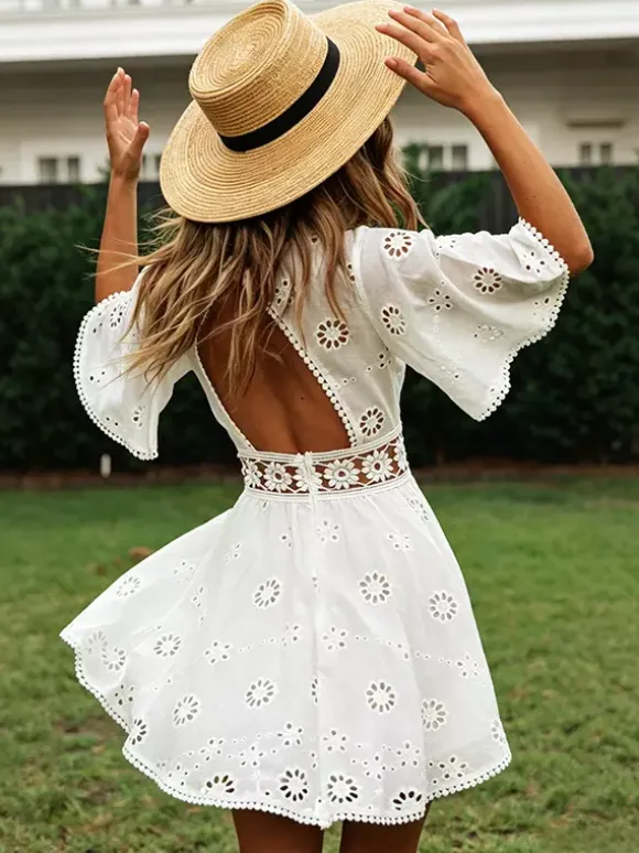 White Eyelet Backless Mini Dress For Women - Boho Flare Sleeve Fit And Flare Cotton Sundress - Summer Beach Vacation 2026