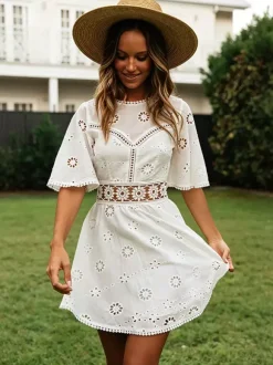 White Eyelet Backless Mini Dress For Women - Boho Flare Sleeve Fit And Flare Cotton Sundress - Summer Beach Vacation 2026
