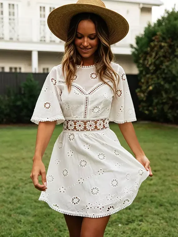 White Eyelet Backless Mini Dress For Women - Boho Flare Sleeve Fit And Flare Cotton Sundress - Summer Beach Vacation 2026