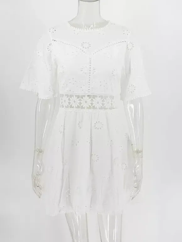 White Eyelet Backless Mini Dress For Women - Boho Flare Sleeve Fit And Flare Cotton Sundress - Summer Beach Vacation 2026