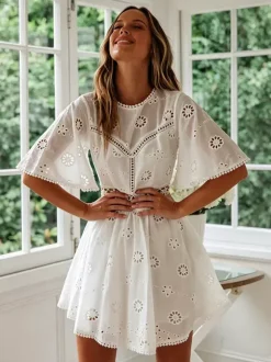 White Eyelet Backless Mini Dress For Women - Boho Flare Sleeve Fit And Flare Cotton Sundress - Summer Beach Vacation 2026