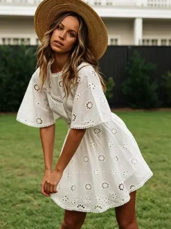 White Eyelet Backless Mini Dress For Women - Boho Flare Sleeve Fit And Flare Cotton Sundress - Summer Beach Vacation 2026