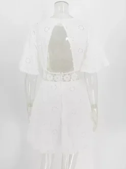 White Eyelet Backless Mini Dress For Women - Boho Flare Sleeve Fit And Flare Cotton Sundress - Summer Beach Vacation 2026