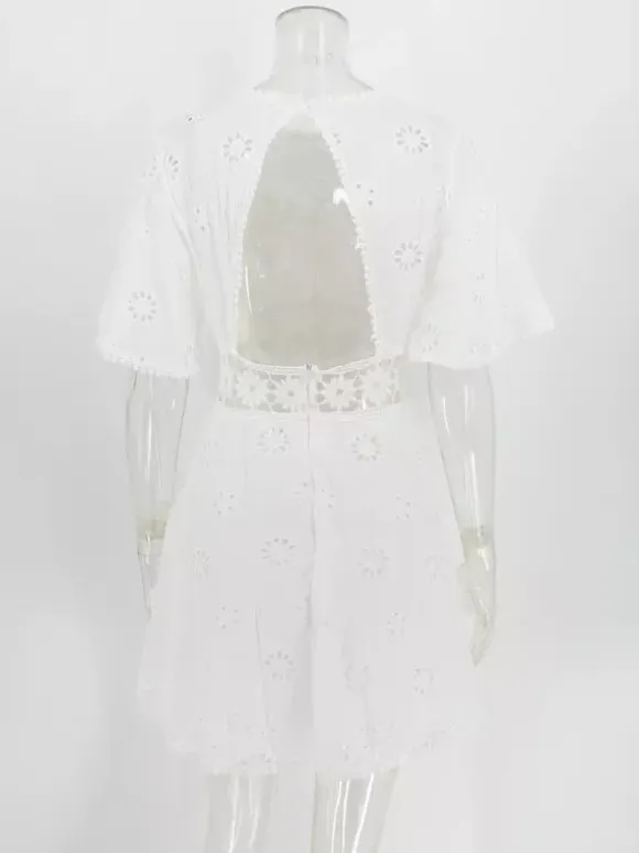 White Eyelet Backless Mini Dress For Women - Boho Flare Sleeve Fit And Flare Cotton Sundress - Summer Beach Vacation 2026