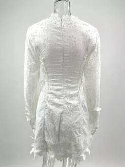 White Eyelet Lace Mini Dress For Women - Boho V Neck Long Sleeve Side Lace-up Fit And Flare Dress - Spring Resort 2026