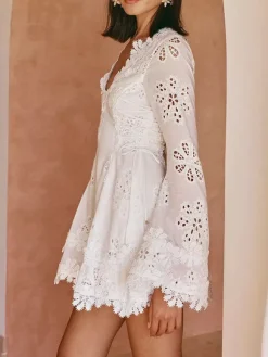 White Eyelet Lace Mini Dress For Women - Boho V Neck Long Sleeve Side Lace-up Fit And Flare Dress - Spring Resort 2026