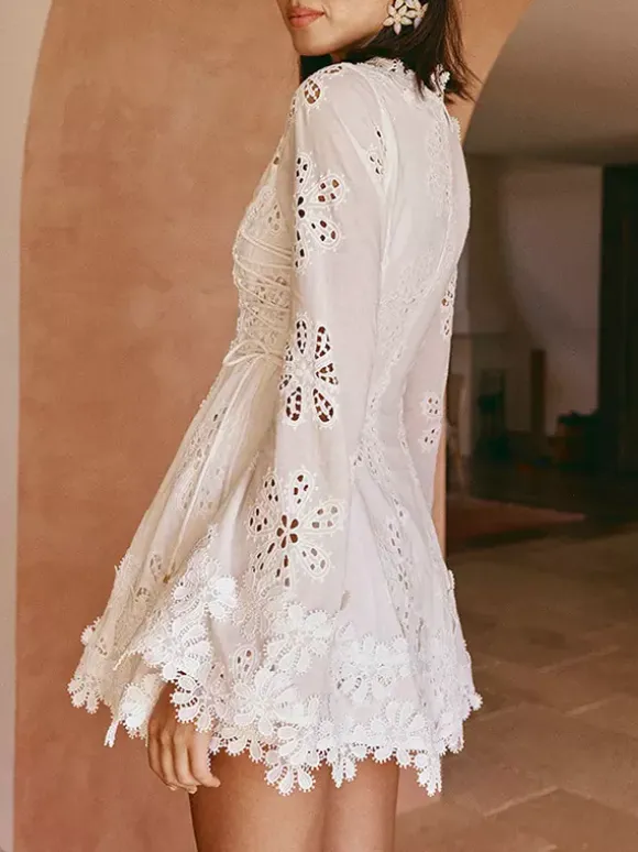 White Eyelet Lace Mini Dress For Women - Boho V Neck Long Sleeve Side Lace-up Fit And Flare Dress - Spring Resort 2026