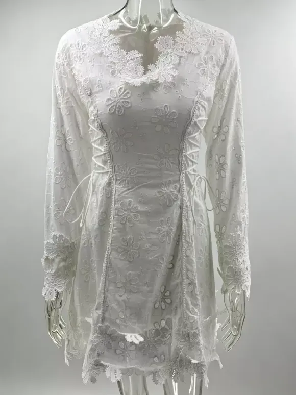 White Eyelet Lace Mini Dress For Women - Boho V Neck Long Sleeve Side Lace-up Fit And Flare Dress - Spring Resort 2026