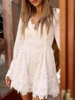 White Eyelet Lace Mini Dress For Women - Boho V Neck Long Sleeve Side Lace-up Fit And Flare Dress - Spring Resort 2026