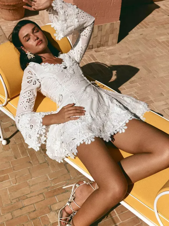 White Eyelet Lace Mini Dress For Women - Boho V Neck Long Sleeve Side Lace-up Fit And Flare Dress - Spring Resort 2026