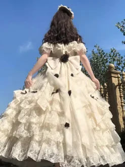 White Fairy Lolita Dresses Lace Up Bows Off Shoulder Lolita Tea Party Dress